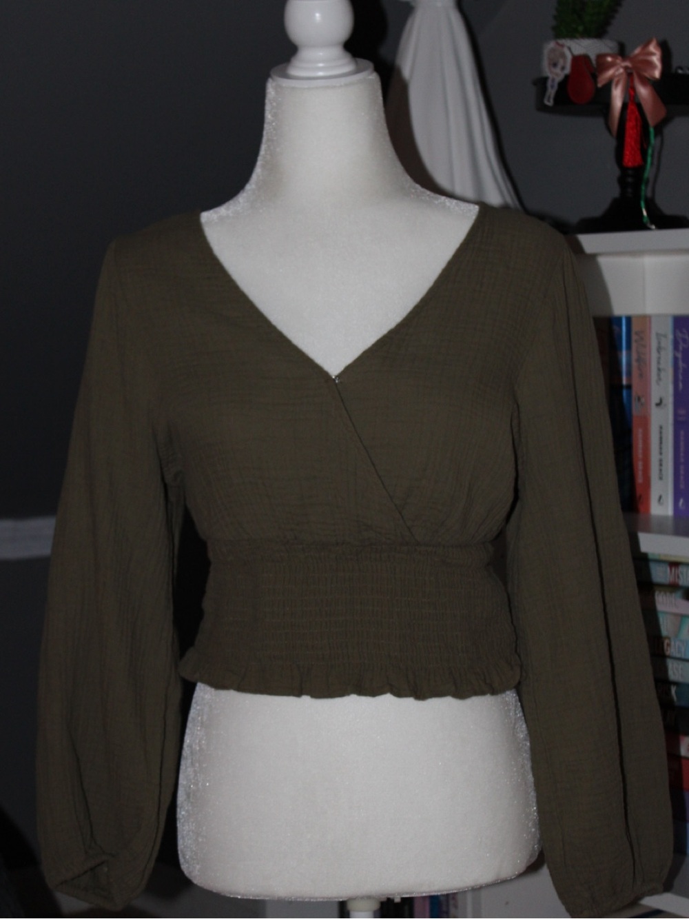 Madewell Olive Wrap-Front Smocked Waist Long Sleeve Top